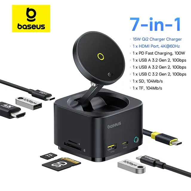 Хаб + беспроводная зарядка Baseus MagPro Series Il (Qi2 15 Вт, HDMI ...