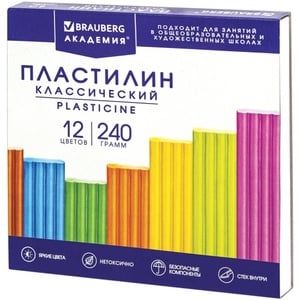 Пластилин классический BRAUBERG "Академия Классическая", 12 цветов, 240 г
