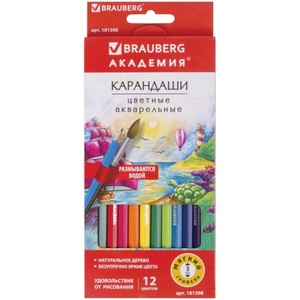 Карандаши цветные акварельные BRAUBERG "Академия", 12 цветов, шестигранные