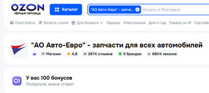 100 бонусов магазина АО Aвто-Евро (автопринадлежности)
